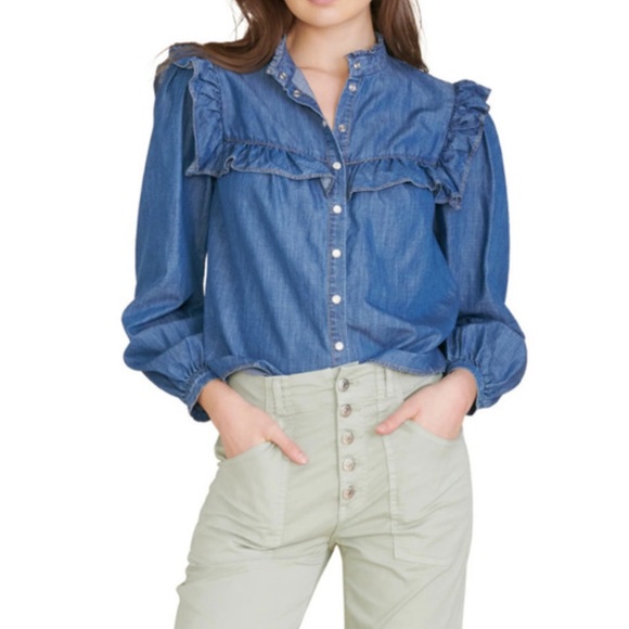Veronica Beard Tes Ruffle Chambray Button-Up Shirt in Indigo Size 10 - Picture 2 of 4
